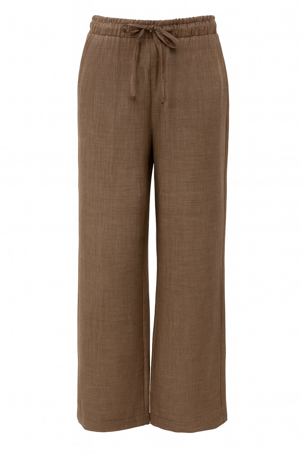 Pantalón fluido de fit recto, bolsillos delanteros, cintura alta con pretina elástica y jareta frontal ajustable.