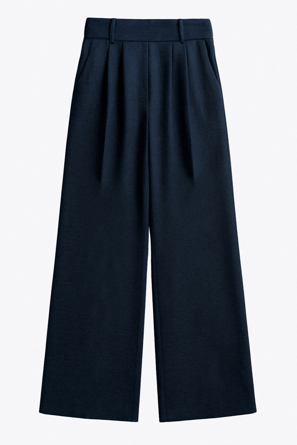 Pantalón fluido de fit wide leg, pinzas frontales, bolsillos delanteros y cintura alta con pretina elástica posterior.