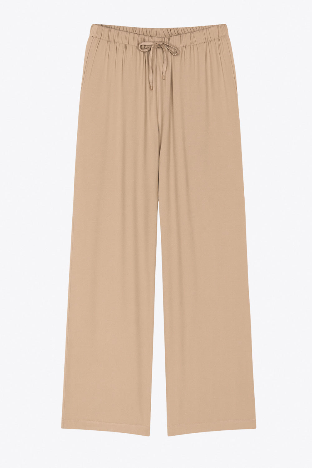 Pantalón fluido de lino, fit recto, bolsillos delanteros, cintura media con pretina elástica y jareta frontal ajustable.