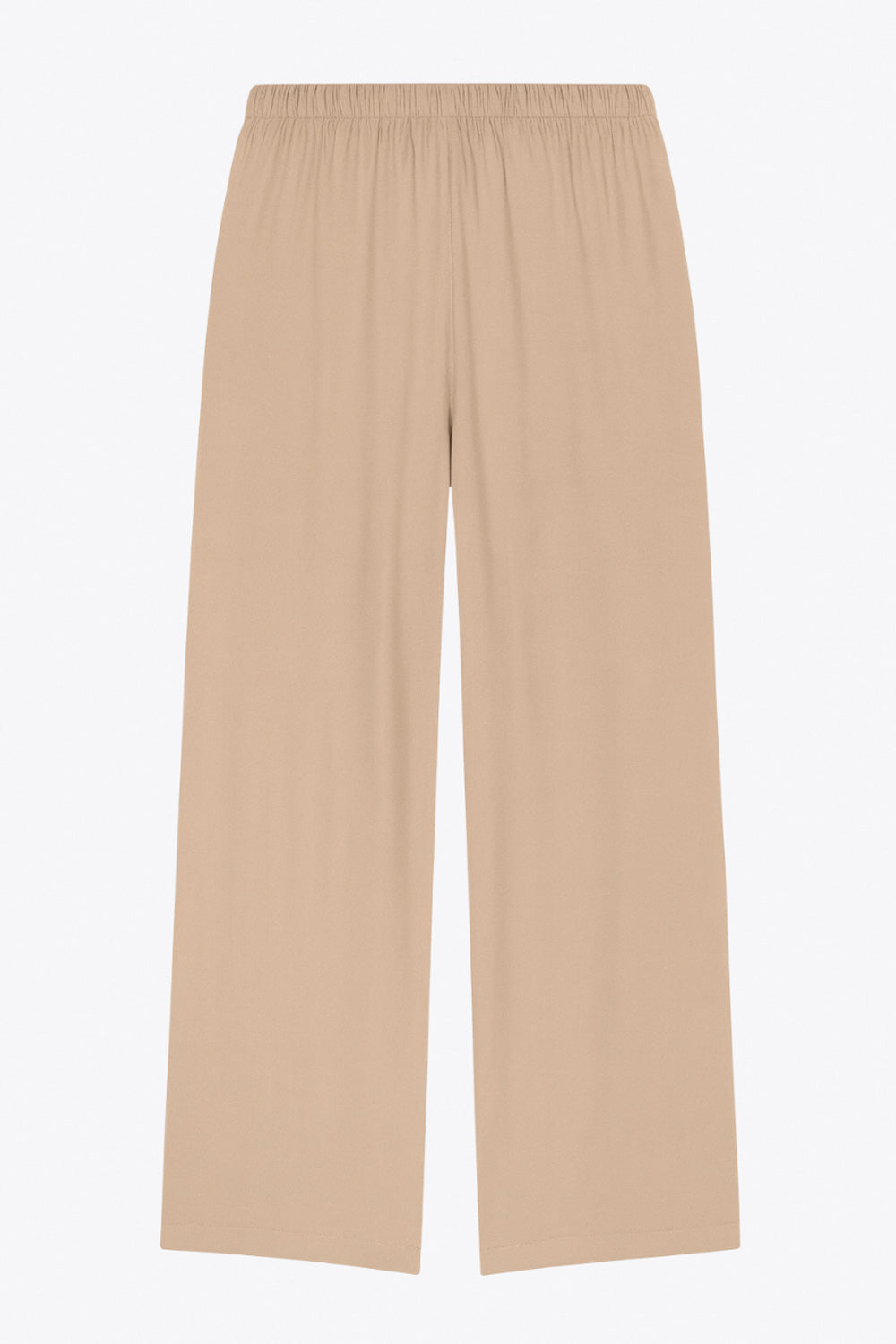 Pantalón fluido de lino, fit recto, bolsillos delanteros, cintura media con pretina elástica y jareta frontal ajustable.