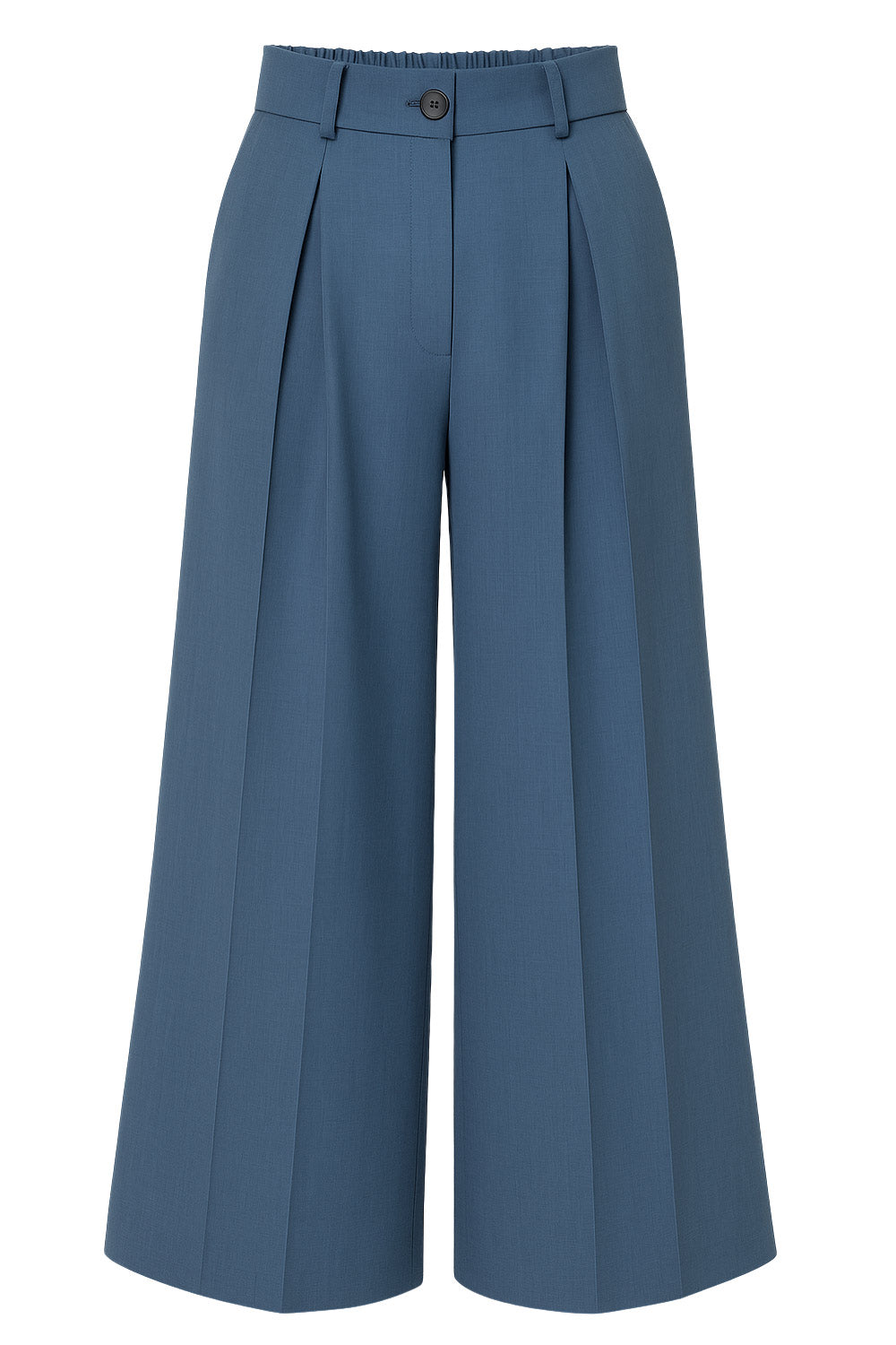 Pantalón de fit palazzo, cintura media con pretina y trabillas, pinzas frontales, bolsillos delanteros, cierre frontal con botón y cremallera oculta.