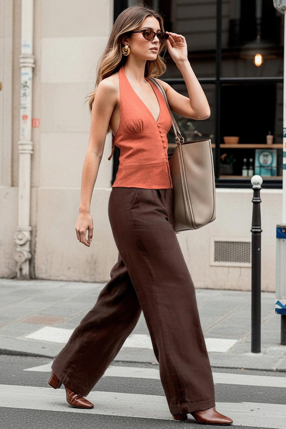 Pantalón de fit wide leg, cintura alta con pretina y trabillas, pinzas frontales, bolsillos delanteros, cierre frontal con broche y cremallera ocultos.