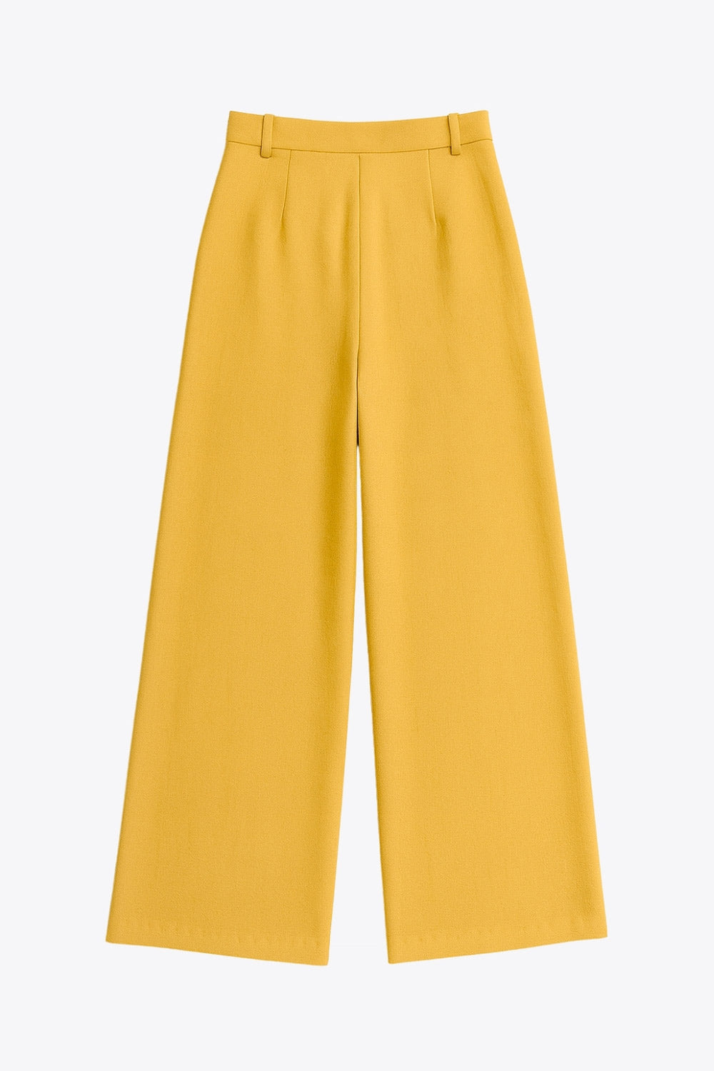 Pantalón de fit wide leg, cintura alta con pretina y trabillas, pinzas frontales, bolsillos delanteros, cierre frontal con broche y cremallera ocultos.