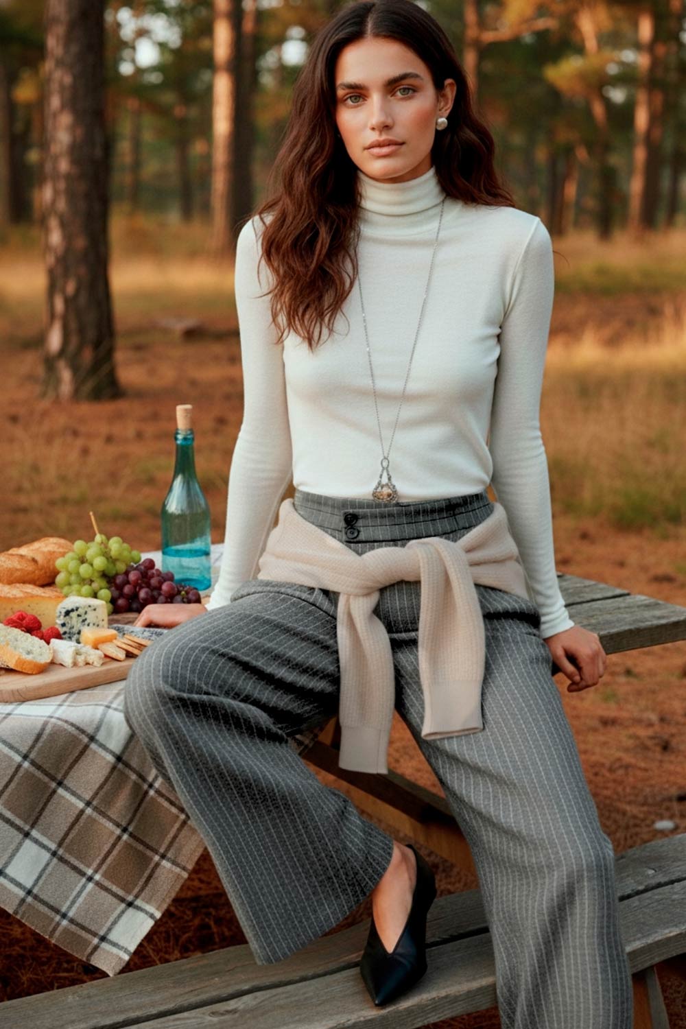 Pantalón de fit wide leg, estampado rayas, cintura alta con pretina criss cross y detalle decorativo, pinzas frontales, bolsillos delanteros, cierre frontal con botones en contraste y cremallera oculta.