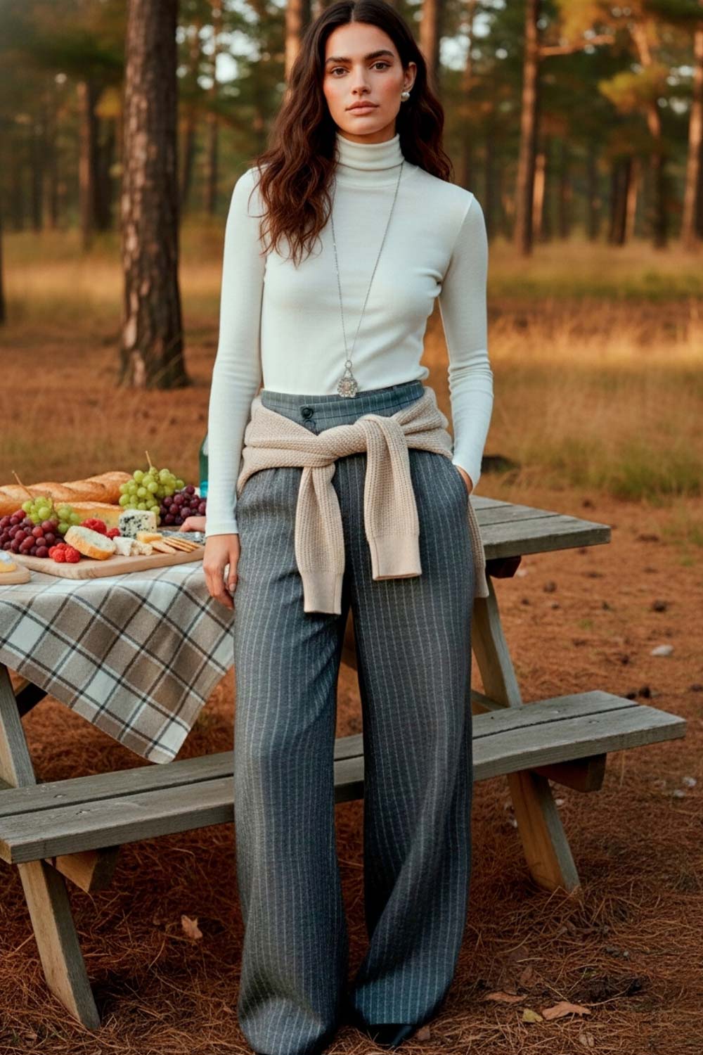 Pantalón de fit wide leg, estampado rayas, cintura alta con pretina criss cross y detalle decorativo, pinzas frontales, bolsillos delanteros, cierre frontal con botones en contraste y cremallera oculta.