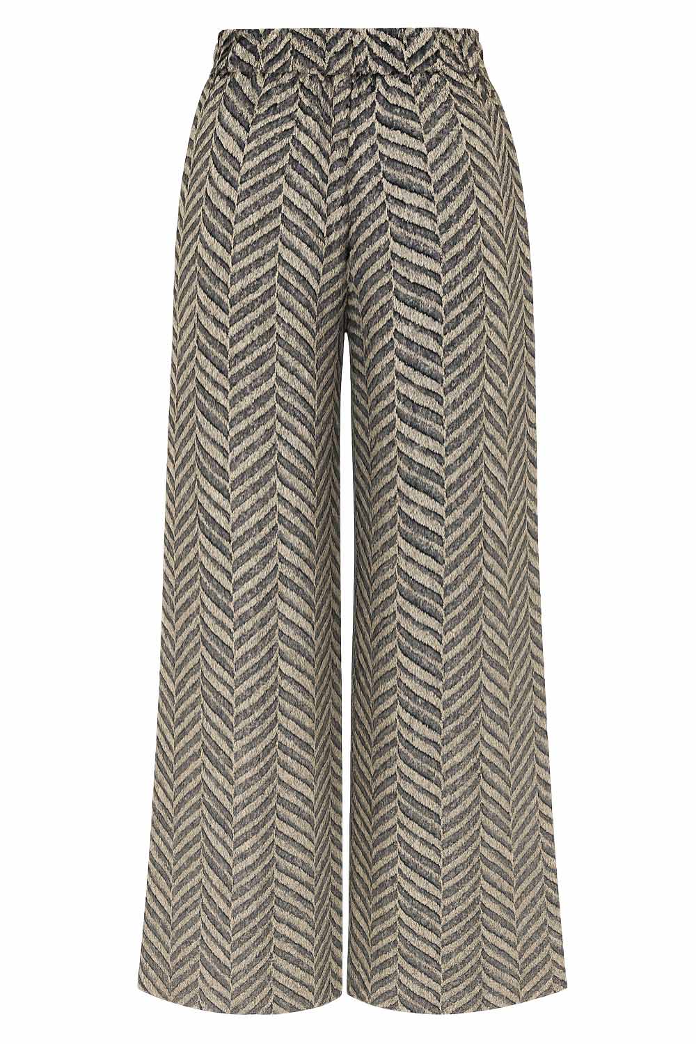 Pantalón estampado de fit fluido, bolsillos delanteros y cintura alta elástica con jareta frontal ajustable.