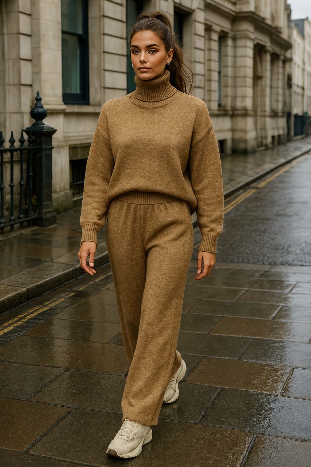 Pantalón de punto fit recto, cintura media con pretina elástica y rib en bajo.