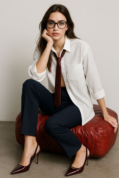 Pantalón ajustado de fit flare, cintura media con pretina, bolsillos delanteros y vivos decorativos posteriores. Cierre frontal con broche y cremallera ocultos.