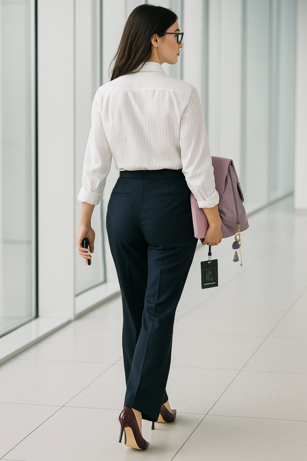 Pantalón ajustado de fit flare, cintura media con pretina, bolsillos delanteros y vivos decorativos posteriores. Cierre frontal con broche y cremallera ocultos.