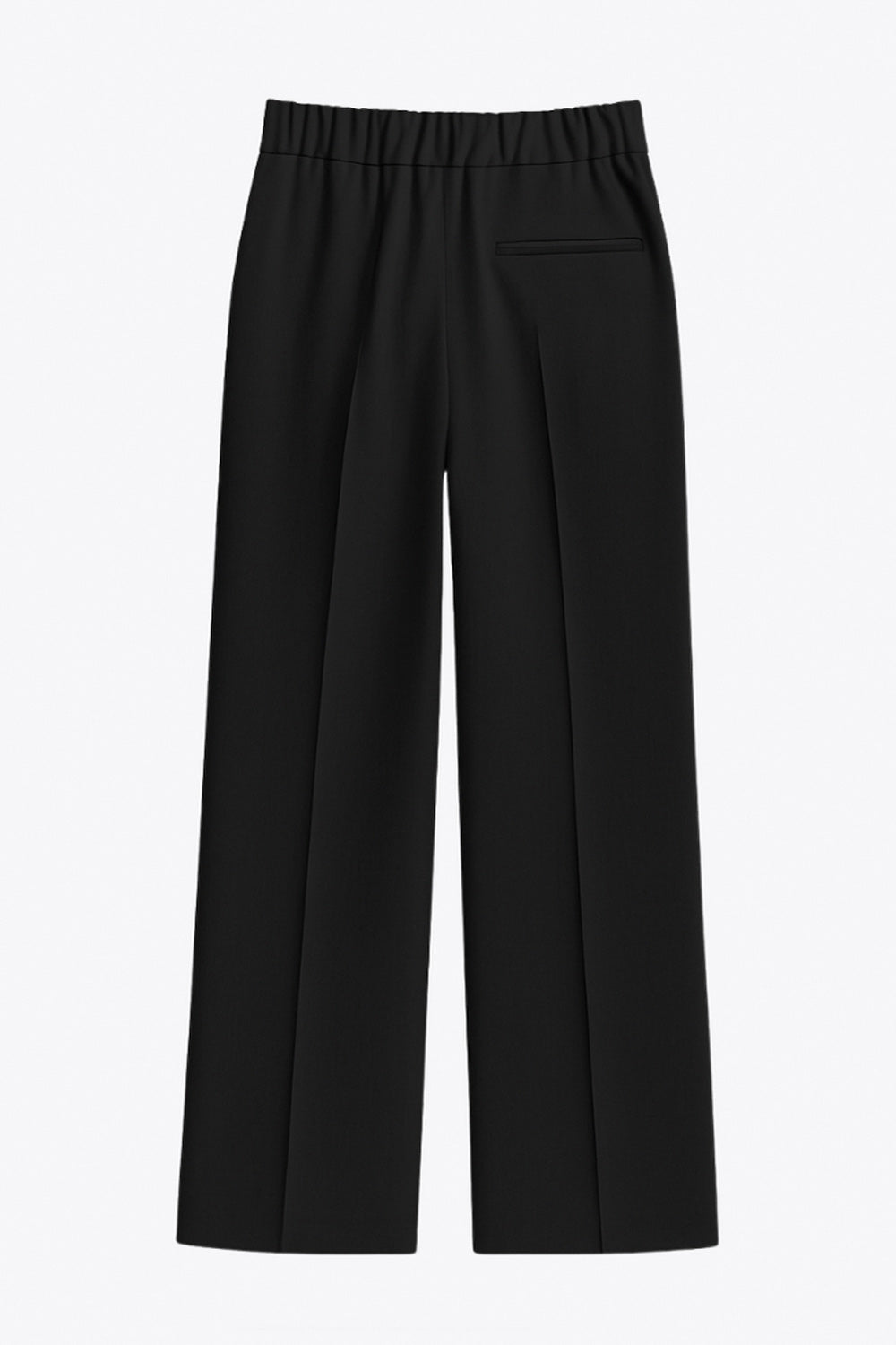 Pantalón de fit wide leg, cintura alta con pretina elástica posterior y trabillas, pinzas frontales, bolsillos delanteros y vivo decorativo posterior. Cierre frontal con broche y cremallera ocultos. Detalle de raya frontal y posterior.