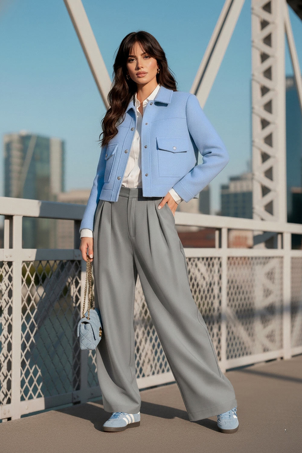 Pantalón de fit wide leg, pinzas frontales, cintura alta con pretina y trabillas, bolsillos delanteros, cierre frontal con broche y cremallera ocultos.