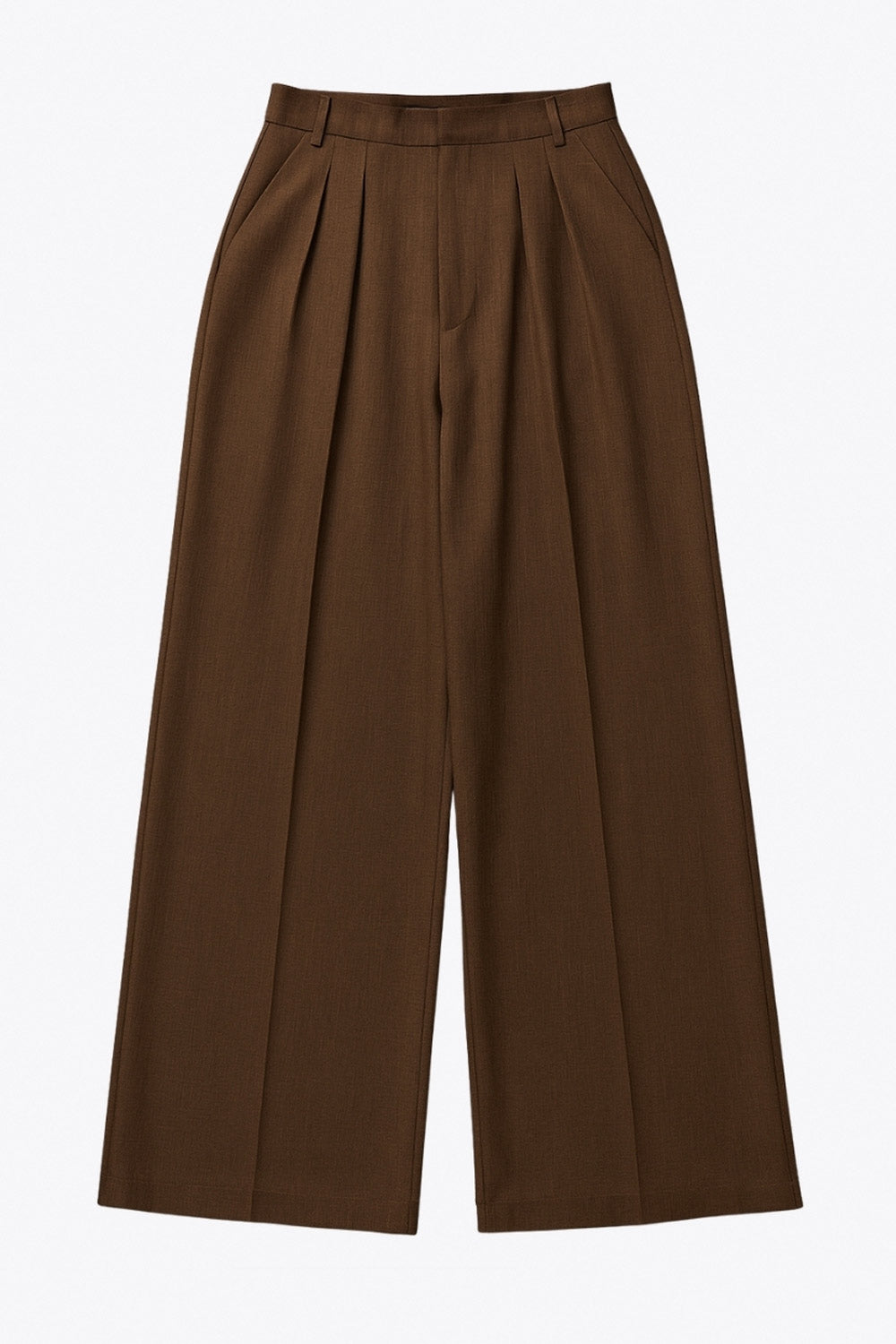 Pantalón de fit wide leg, pinzas frontales, cintura alta con pretina y trabillas, bolsillos delanteros, cierre frontal con broche y cremallera ocultos.