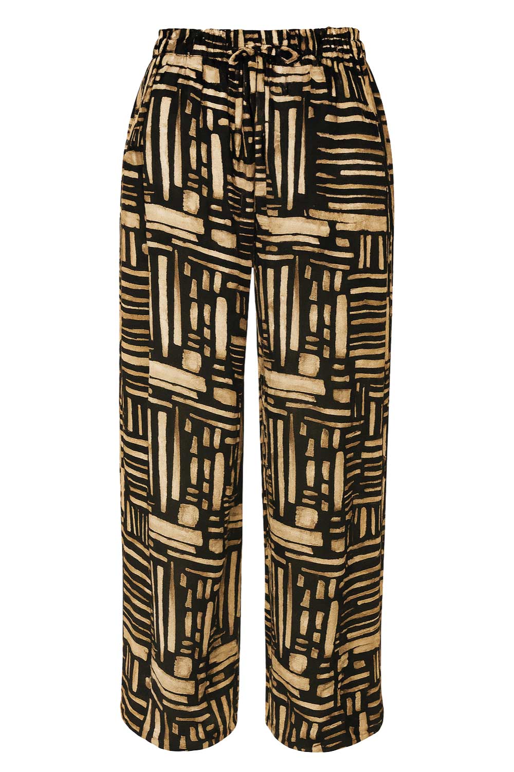 Pantalón estampado de fit fluido, bolsillos delanteros, cintura media con pretina elástica y jareta frontal ajustable.