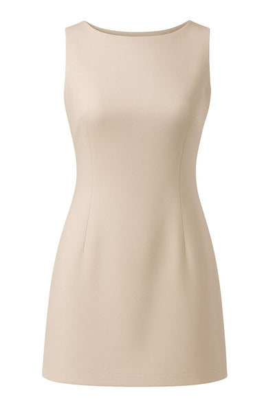 Playsuit de fit ajustado, cuello barco, sin mangas, pinzas frontales, lazo amarrable posterior y cierre con cremallera oculta.