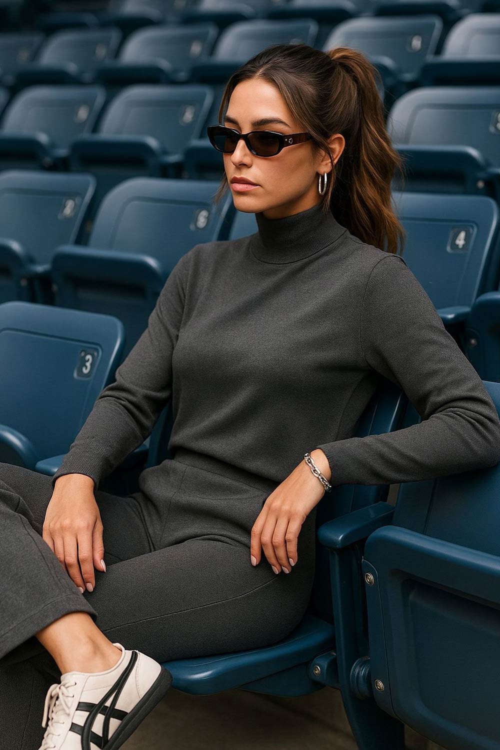 Jersey de punto, cuello alto con rib en borde, manga larga y fit recto.