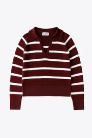 Jersey de punto, estampado rayas, fit recto, manga larga con rib en puños y escote v con cuello polo.