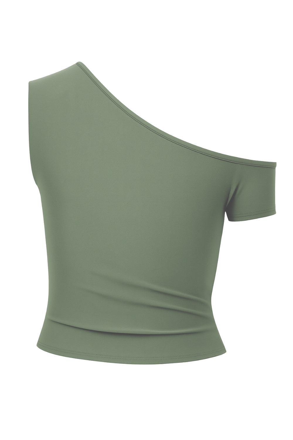 Top ajustado sin mangas, de cuello diagonal con hombro descubierto, plisados en hombros y bajo frontal asimétrico.