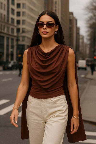 Top de fit ajustado, sin mangas, cuello redondo y detalle decorativo frontal con plisados en hombros.