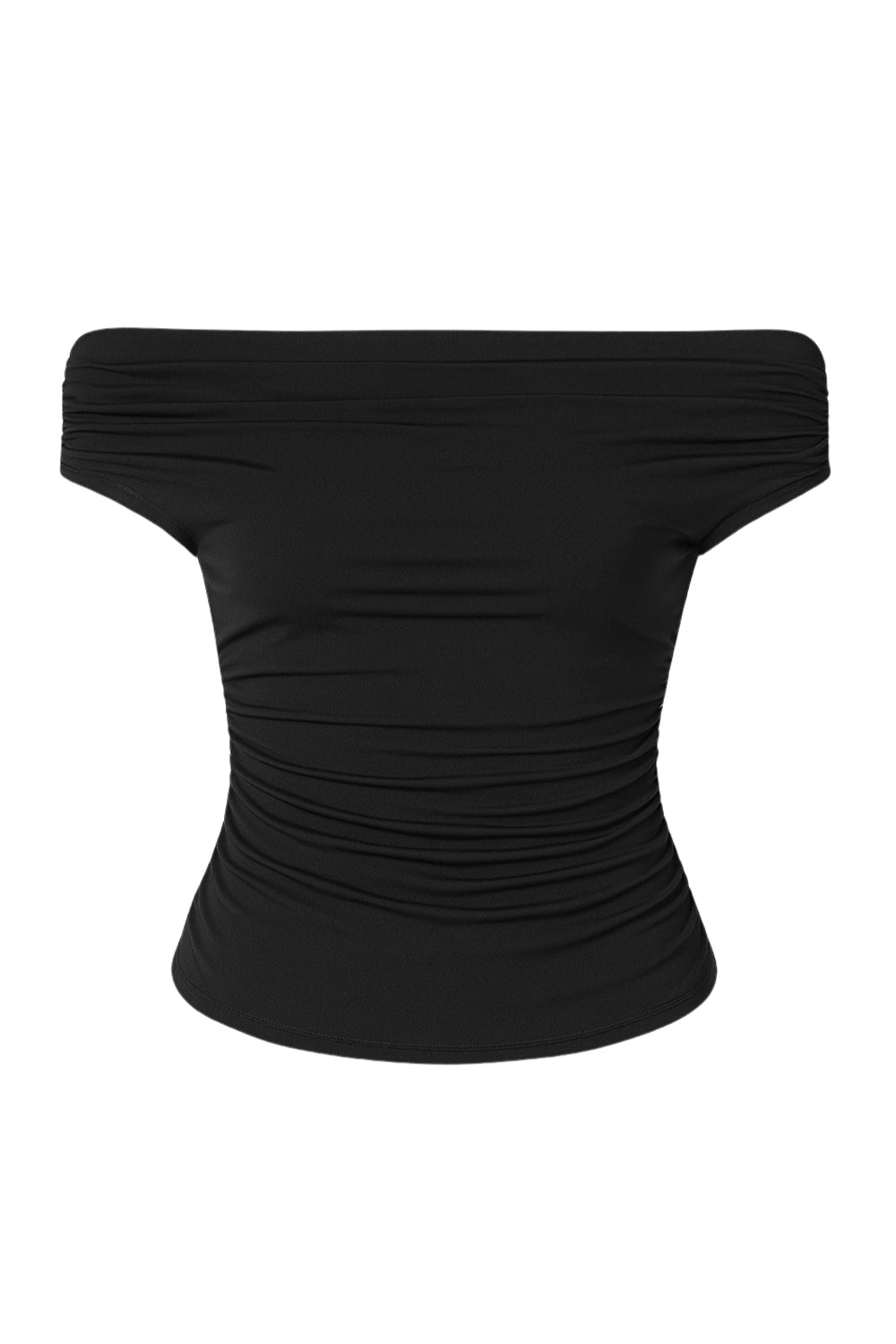 Top de fit ajustado, hombros descubiertos, manga corta seguida con plisados laterales, escote recto y plisados en costados.