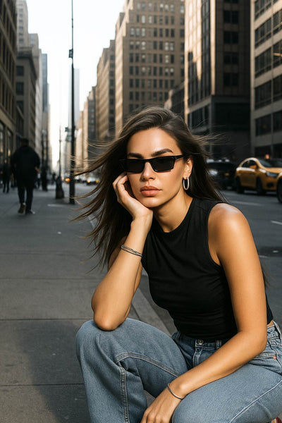 Top corto de fit ajustado, sin mangas, cuello barco, plisados decorativos en hombro y costados.