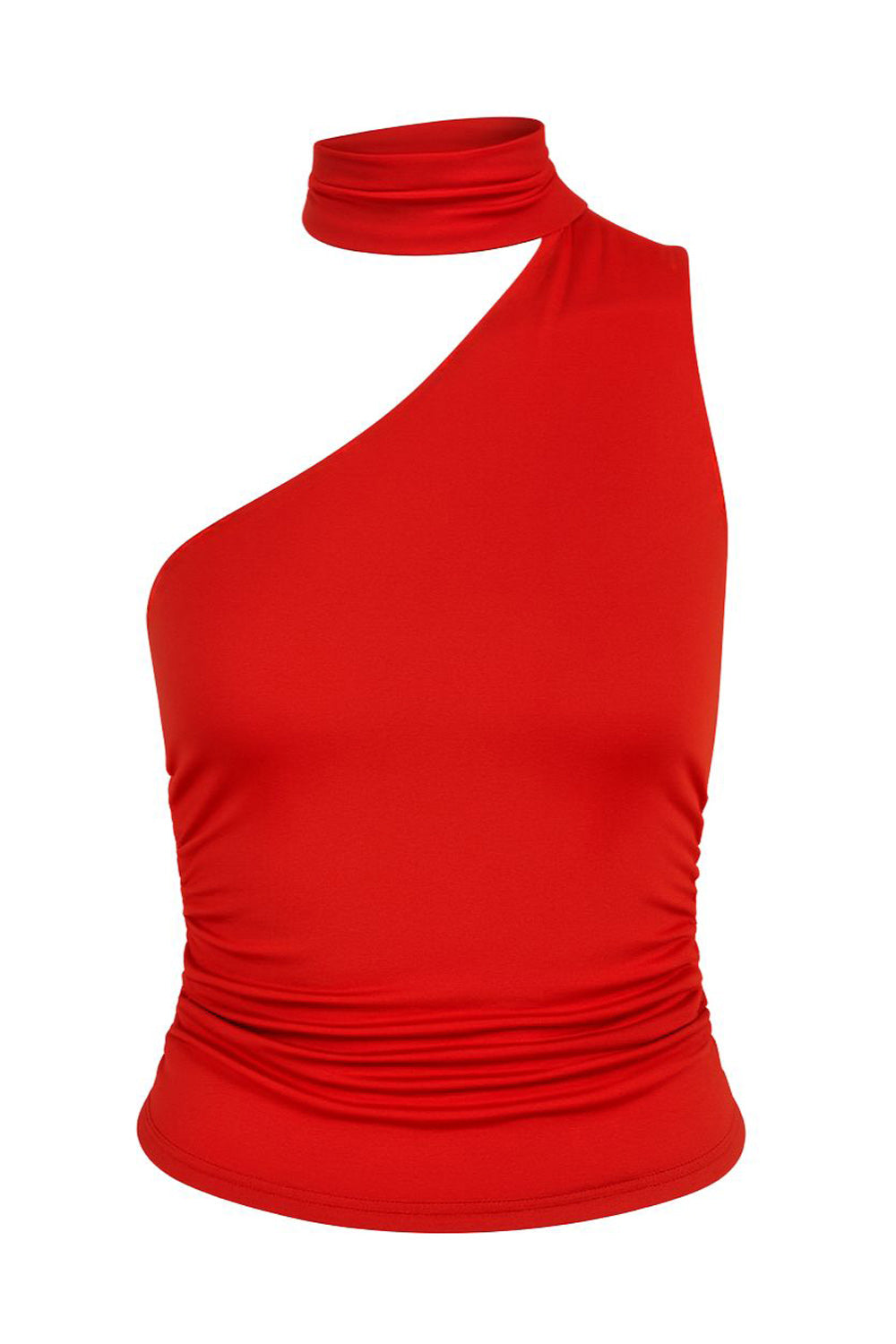 Blusa satinada asimétrica de fit recto, sin mangas, escote diagonal con detalle de choker cruzado.