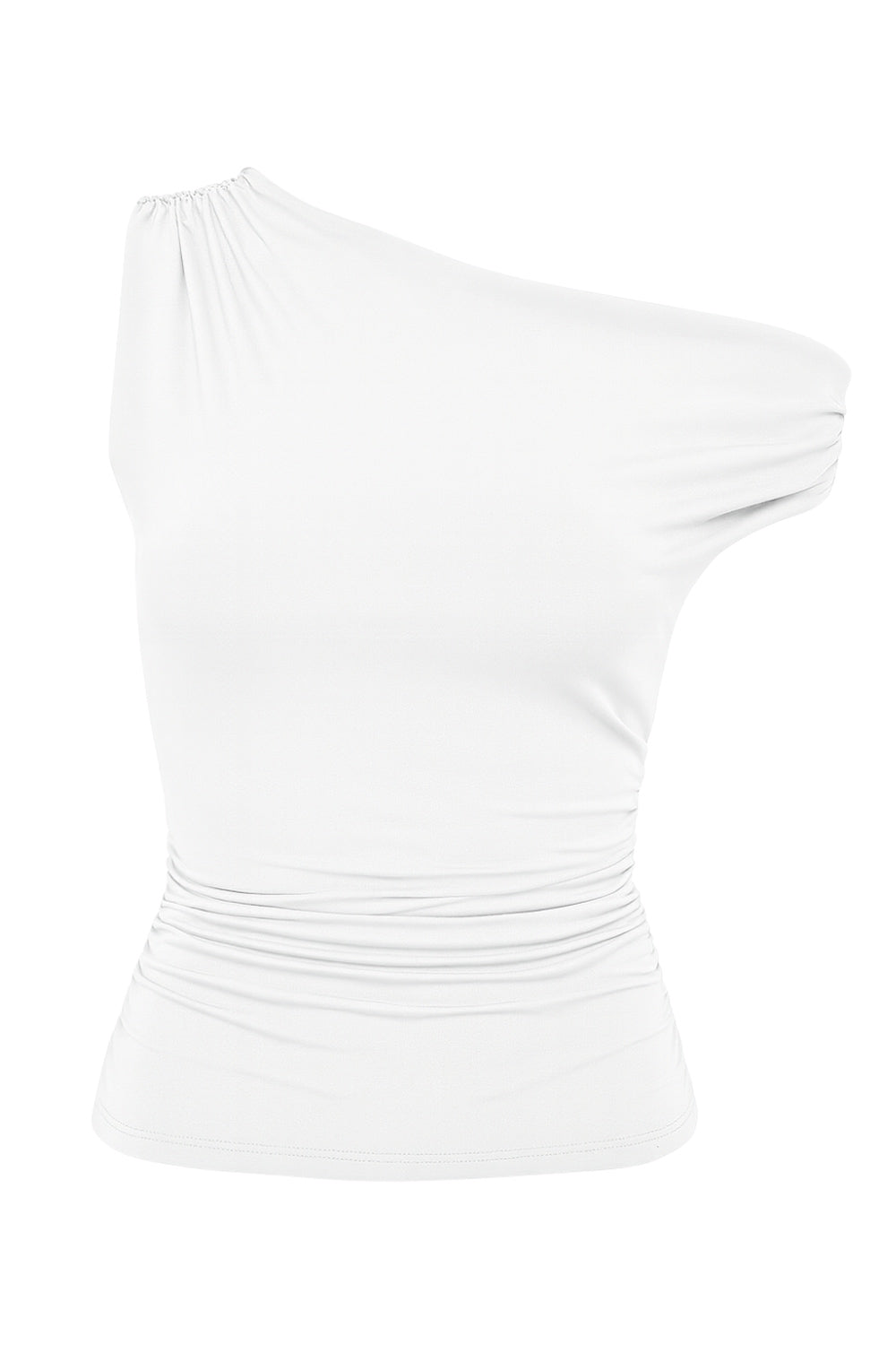 Top ajustado asimétrico de escote diagonal, una manga corta seguida con hombro descubierto, plisados en hombros y costados.