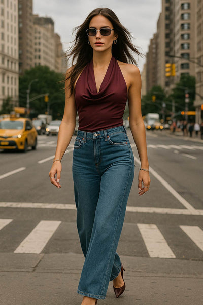 Top corto ajustado de cuello halter con escote fluido, sin mangas, escote en espalda, cierre posterior con botón y ojal.