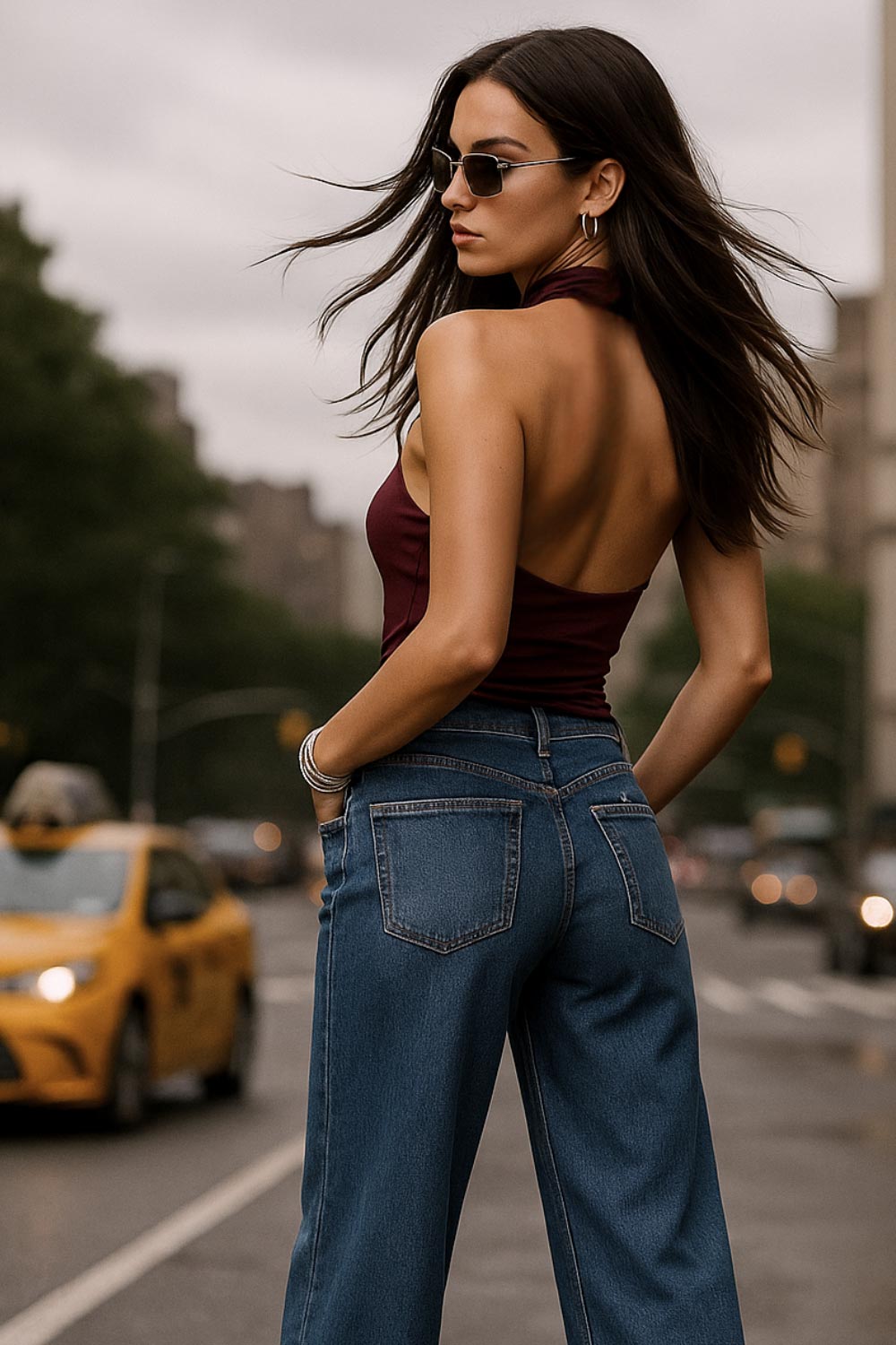 Top corto ajustado de cuello halter con escote fluido, sin mangas, escote en espalda, cierre posterior con botón y ojal.