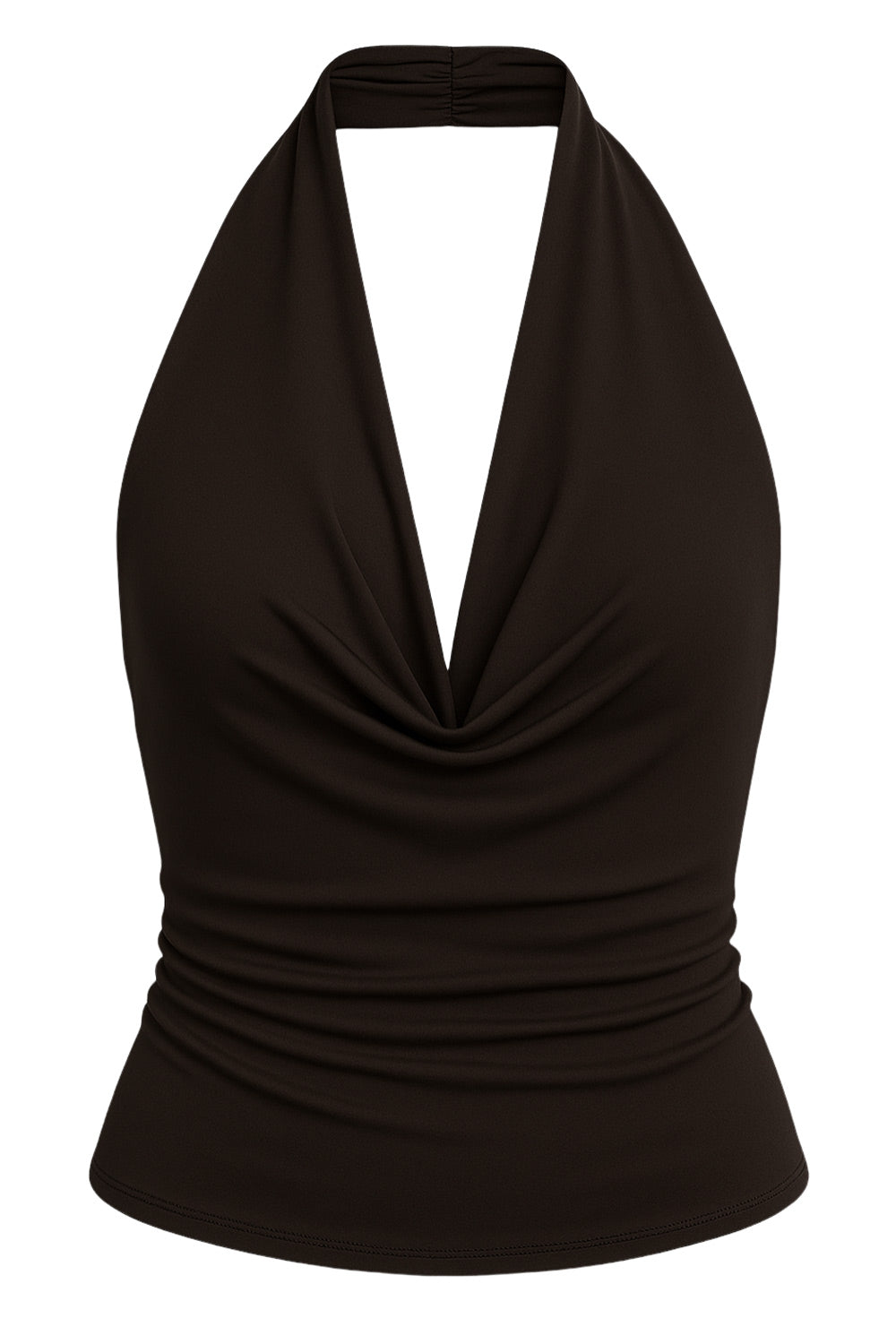 Top corto ajustado de cuello halter con escote fluido, sin mangas, escote en espalda, cierre posterior con botón y ojal.