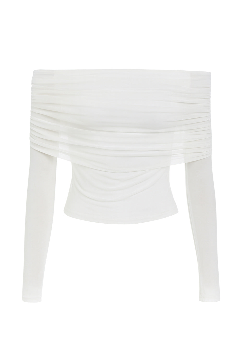 Top de mesh, fit ajustado, hombros descubiertos, manga larga, escote recto con doblez y plisados decorativos.