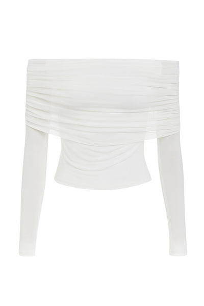 Top de mesh, fit ajustado, hombros descubiertos, manga larga, escote recto con doblez y plisados decorativos.