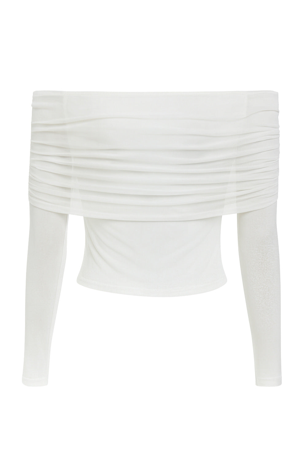 Top de mesh, fit ajustado, hombros descubiertos, manga larga, escote recto con doblez y plisados decorativos.