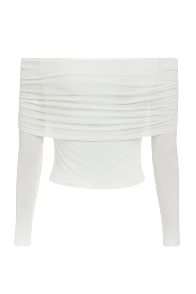 Top de mesh, fit ajustado, hombros descubiertos, manga larga, escote recto con doblez y plisados decorativos.