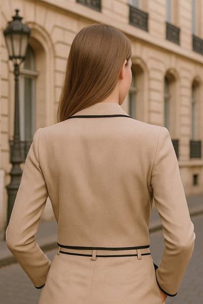 Top blazer corto de fit fluido, manga larga, escote v con solapa y cierre frontal con lazos amarrables. Detalle de ribete decorativo en contraste.