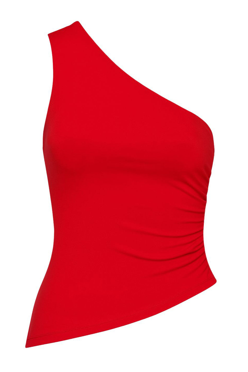 Top asimétrico de fit ajustado, un hombro, escote diagonal, plisados en costado y detalle de bajo asimétrico curveado.