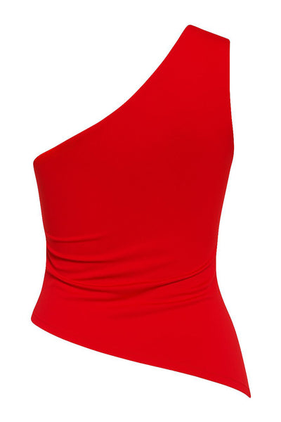 Top asimétrico de fit ajustado, un hombro, escote diagonal, plisados en costado y detalle de bajo asimétrico curveado.