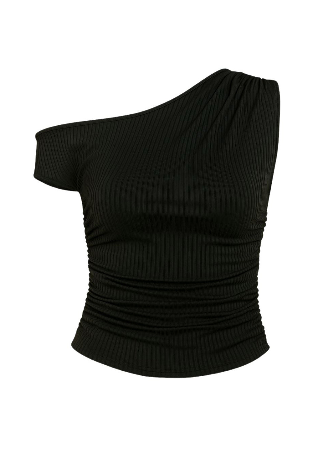 Top corto canalé asimétrico de fit ajustado, un manga corta seguida con hombro descubierto, plisados en costados y un hombro.