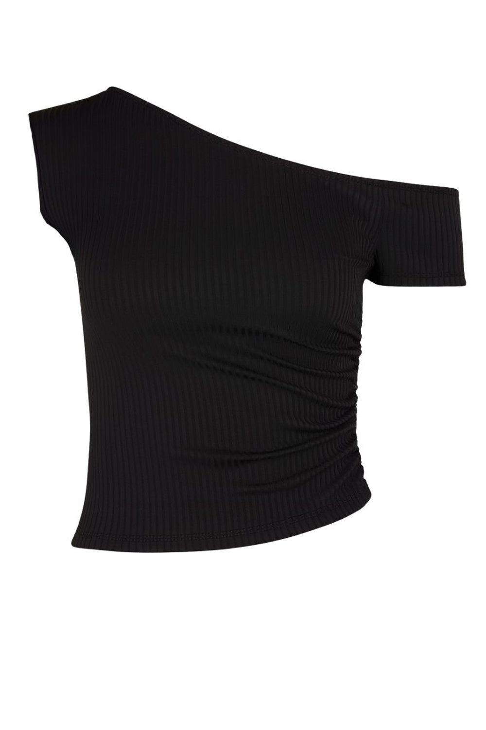 Top corto canalé asimétrico de fit ajustado, un manga corta seguida con hombro descubierto, plisados en costados y un hombro.