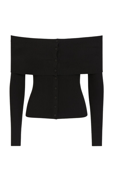 Top canalé de fit ajustado, manga larga, hombros descubiertos, escote recto con doblez en borde y cierre frontal con hilera de botones.