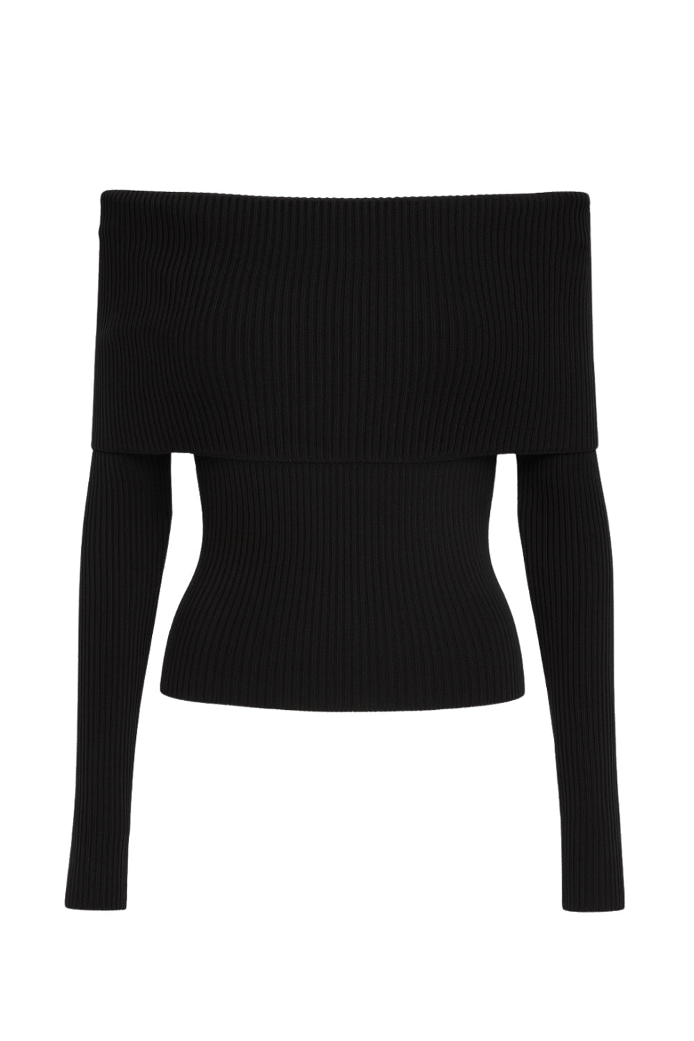 Top canalé de fit ajustado, manga larga, hombros descubiertos, escote recto con doblez en borde y cierre frontal con hilera de botones.