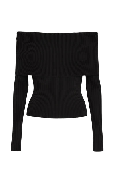 Top canalé de fit ajustado, manga larga, hombros descubiertos, escote recto con doblez en borde y cierre frontal con hilera de botones.