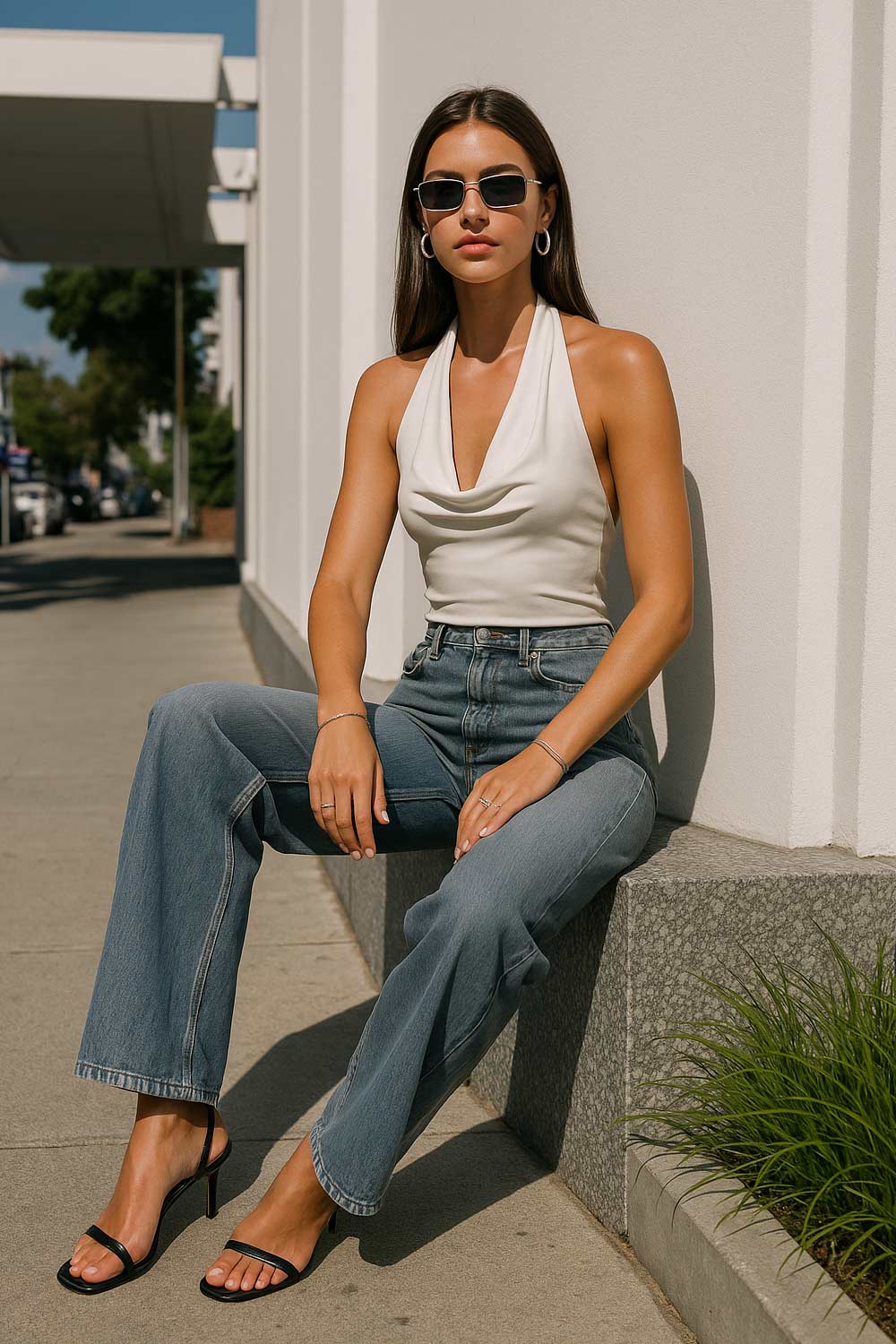 Top corto ajustado de cuello halter con escote fluido, sin mangas, escote en espalda, cierre posterior con botón y ojal.