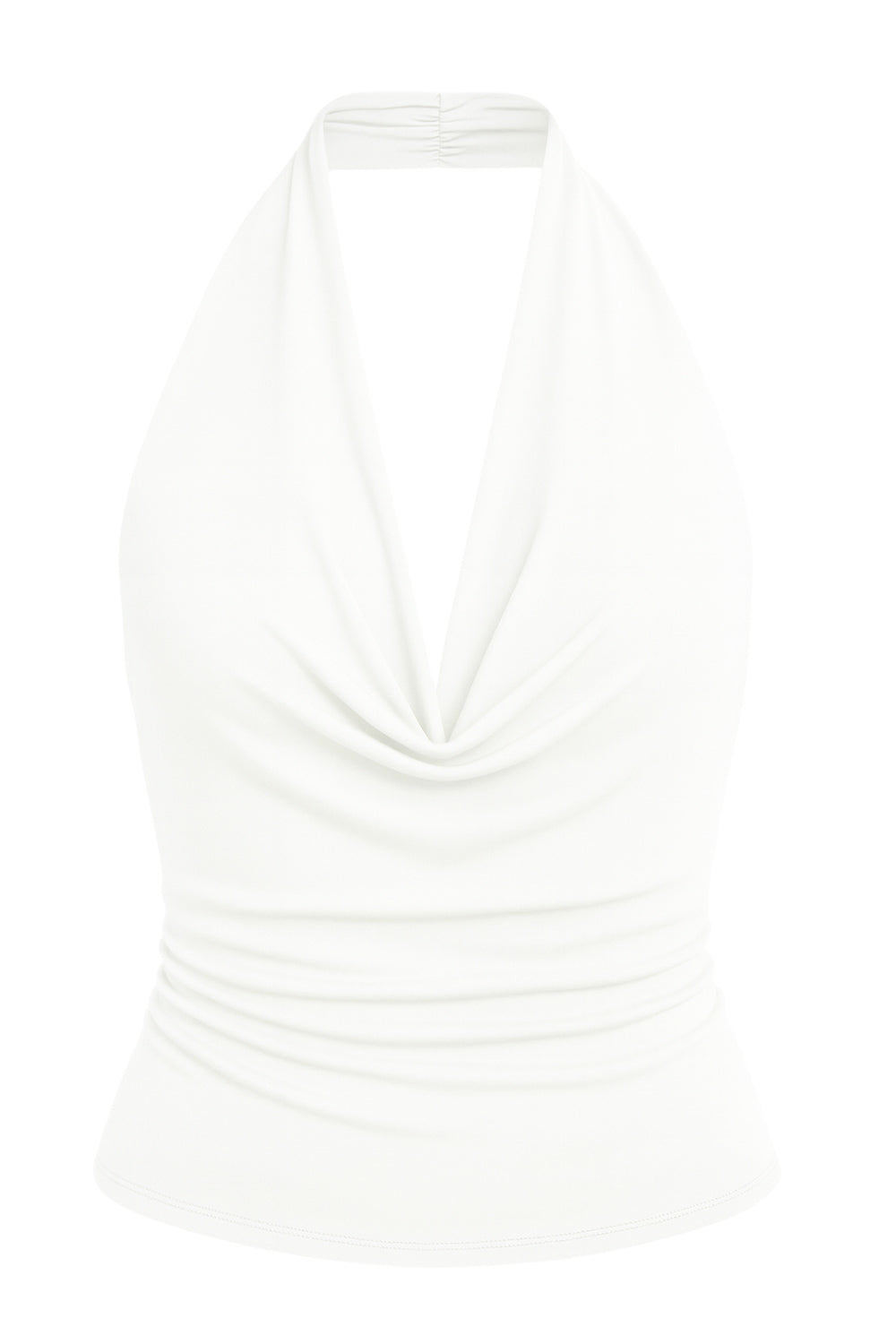 Top corto ajustado de cuello halter con escote fluido, sin mangas, escote en espalda, cierre posterior con botón y ojal.