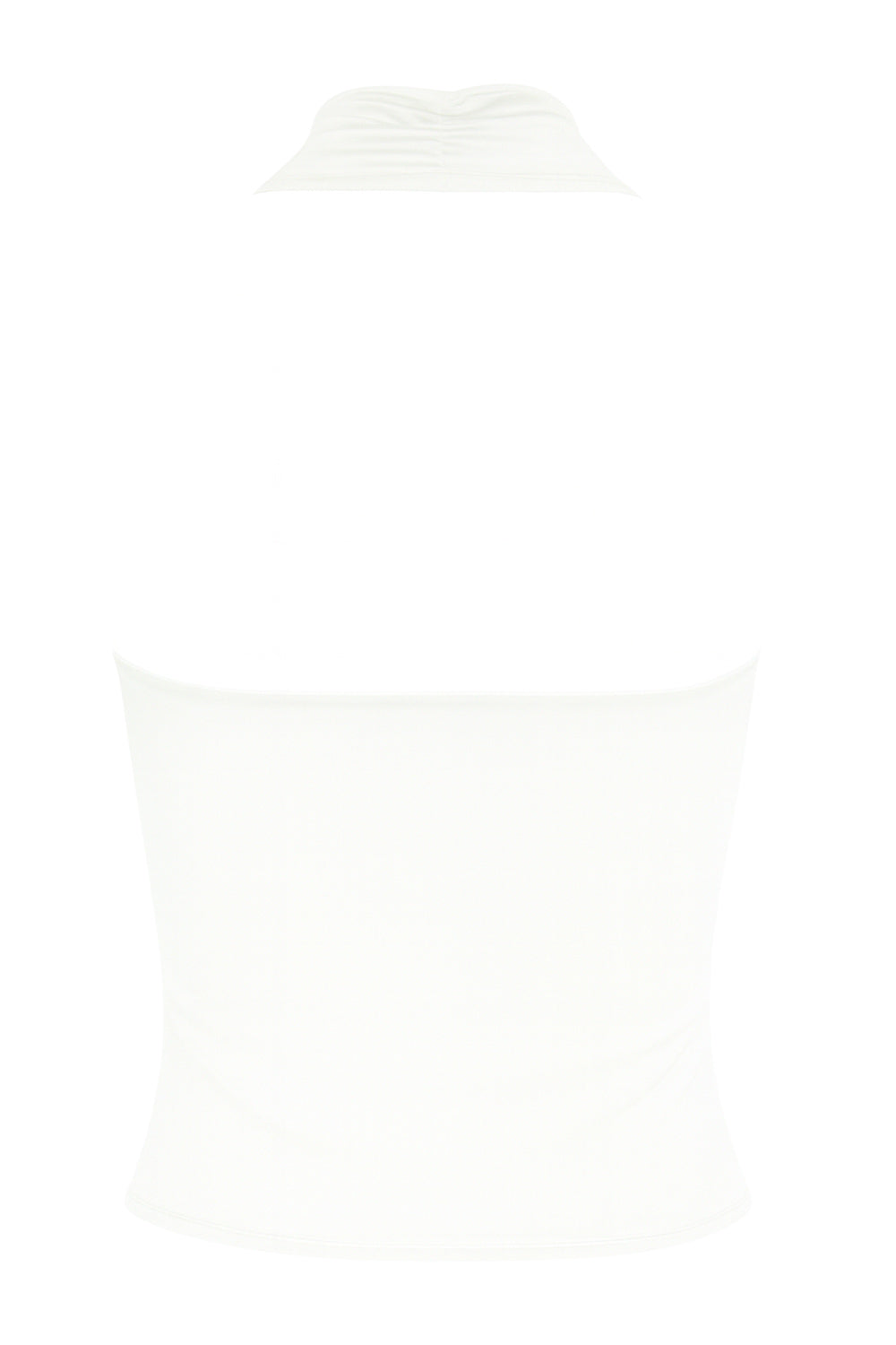 Top corto ajustado de cuello halter con escote fluido, sin mangas, escote en espalda, cierre posterior con botón y ojal.