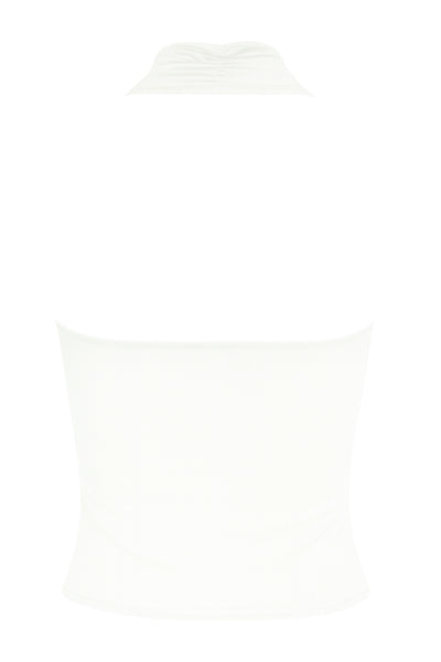 Top corto ajustado de cuello halter con escote fluido, sin mangas, escote en espalda, cierre posterior con botón y ojal.