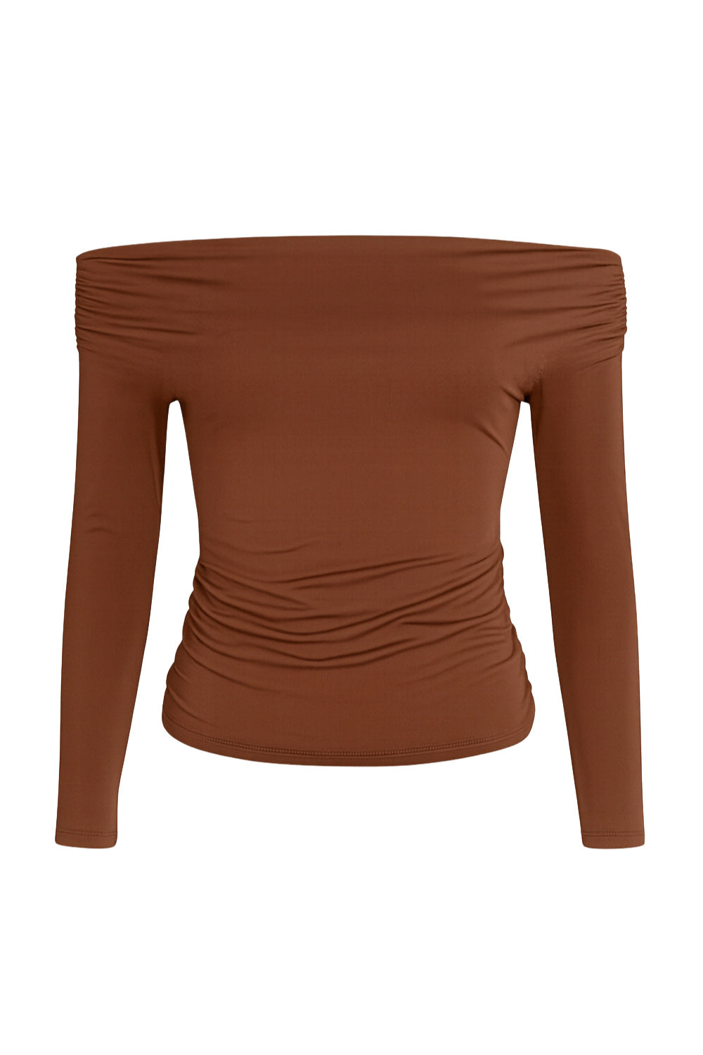 Top de fit ajustado, hombros descubiertos, escote recto y manga larga seguida con plisados laterales. Detalle de plisados en costados.