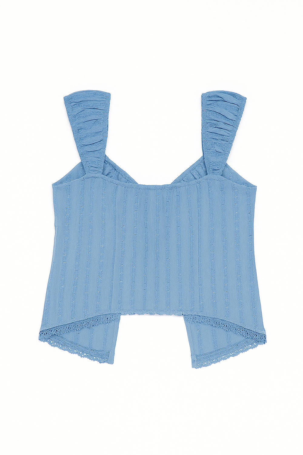 Top de manga corta con rib elástico en bordes, fit recto, escote redondeado con cut out y lazado amarrable frontal. Detalle de abertura frontal y encaje decorativo en bajo.