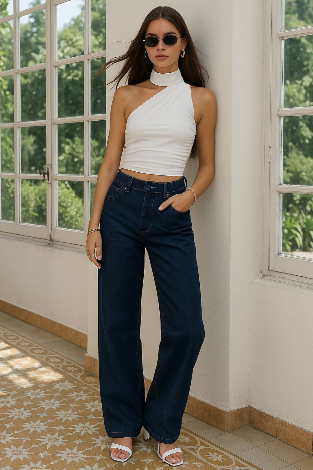 Top satinado asimétrico, de fit ajustado, detalles plisados laterales y en hombro, sin mangas, un hombro, escote diagonal y choker con plisados. Cierre posterior con botón y ojal.