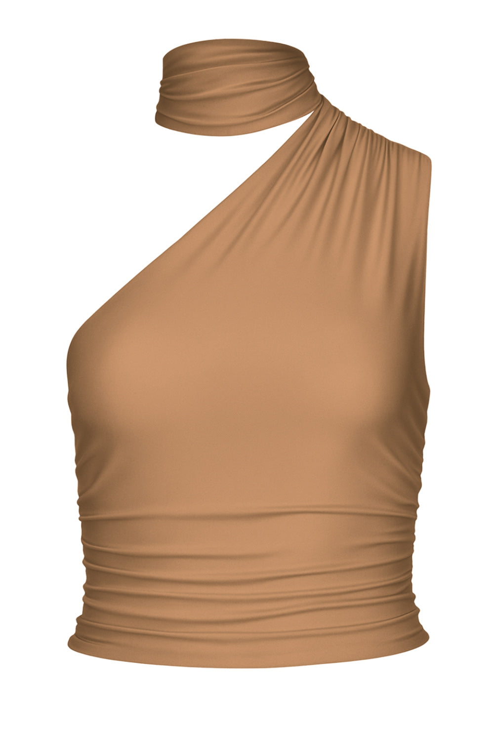 Top satinado asimétrico, de fit ajustado, detalles plisados laterales y en hombro, sin mangas, un hombro, escote diagonal y choker con plisados. Cierre posterior con botón y ojal.