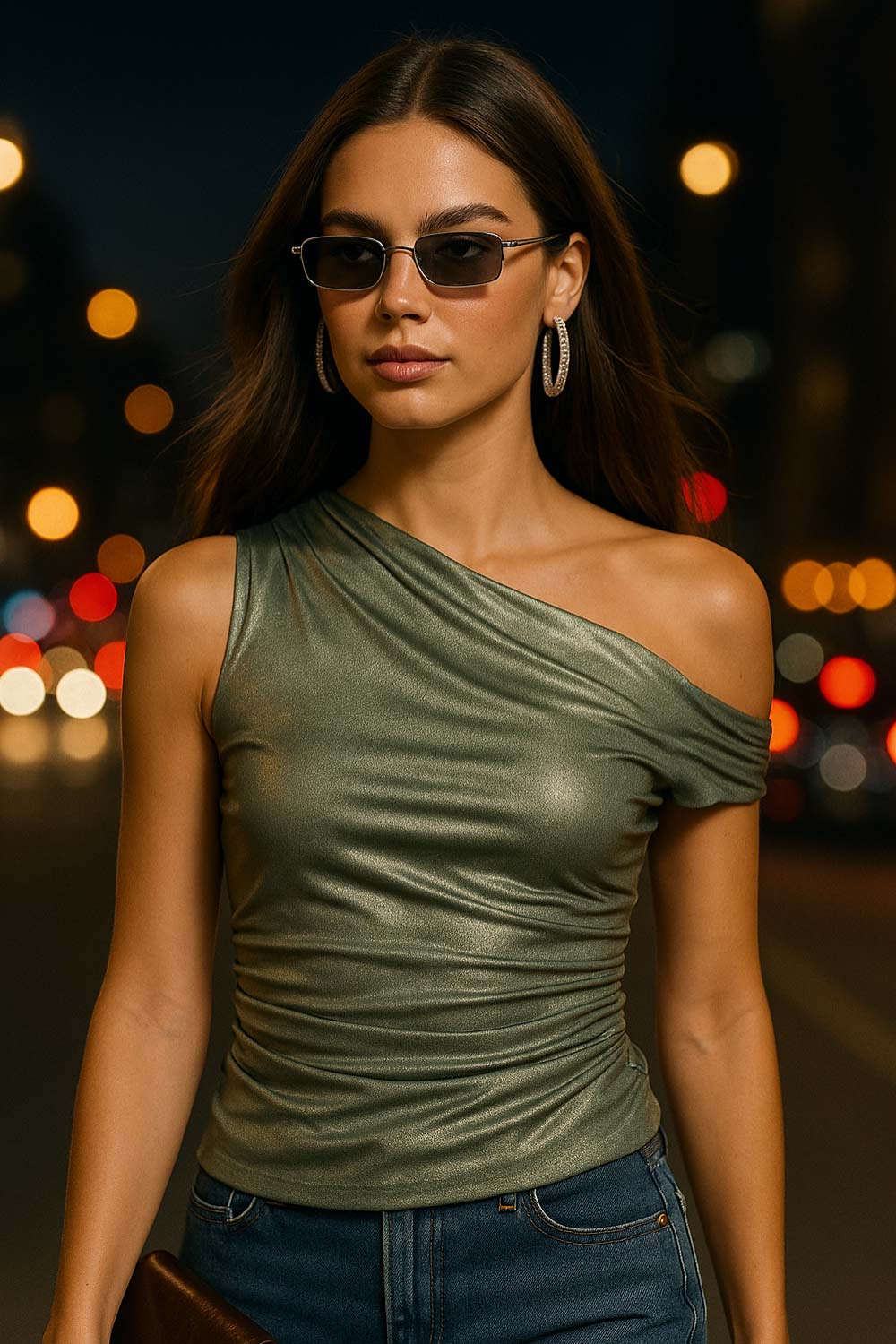 Top metálico asimétrico de fit ajustado, escote diagonal, una manga corta seguida con hombro descubierto, plisados en hombro y detalle de plisados en costados.